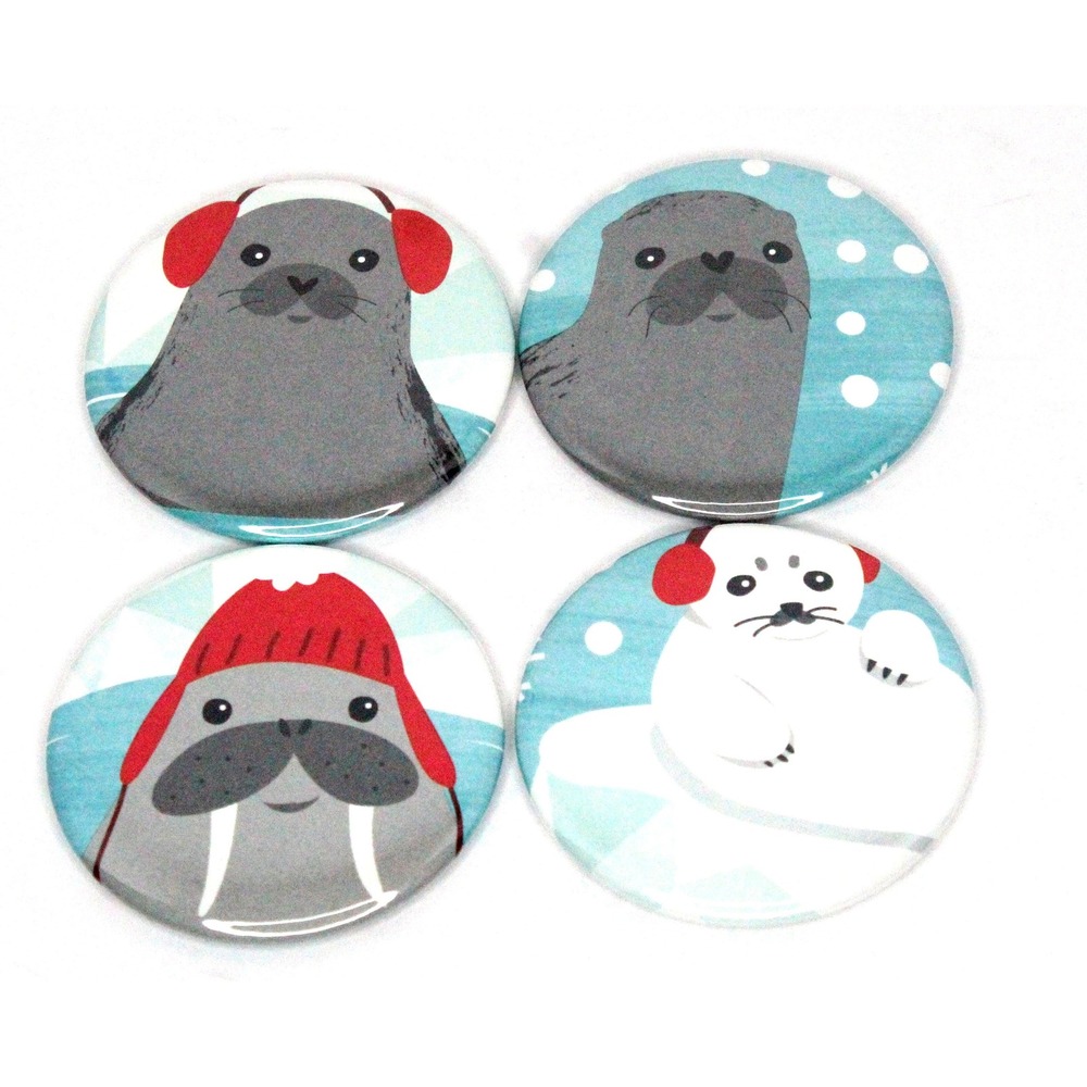 Set of 4 Refrigerator Locker Magnets 2.25" Handmade Bohemian - Walrus Family